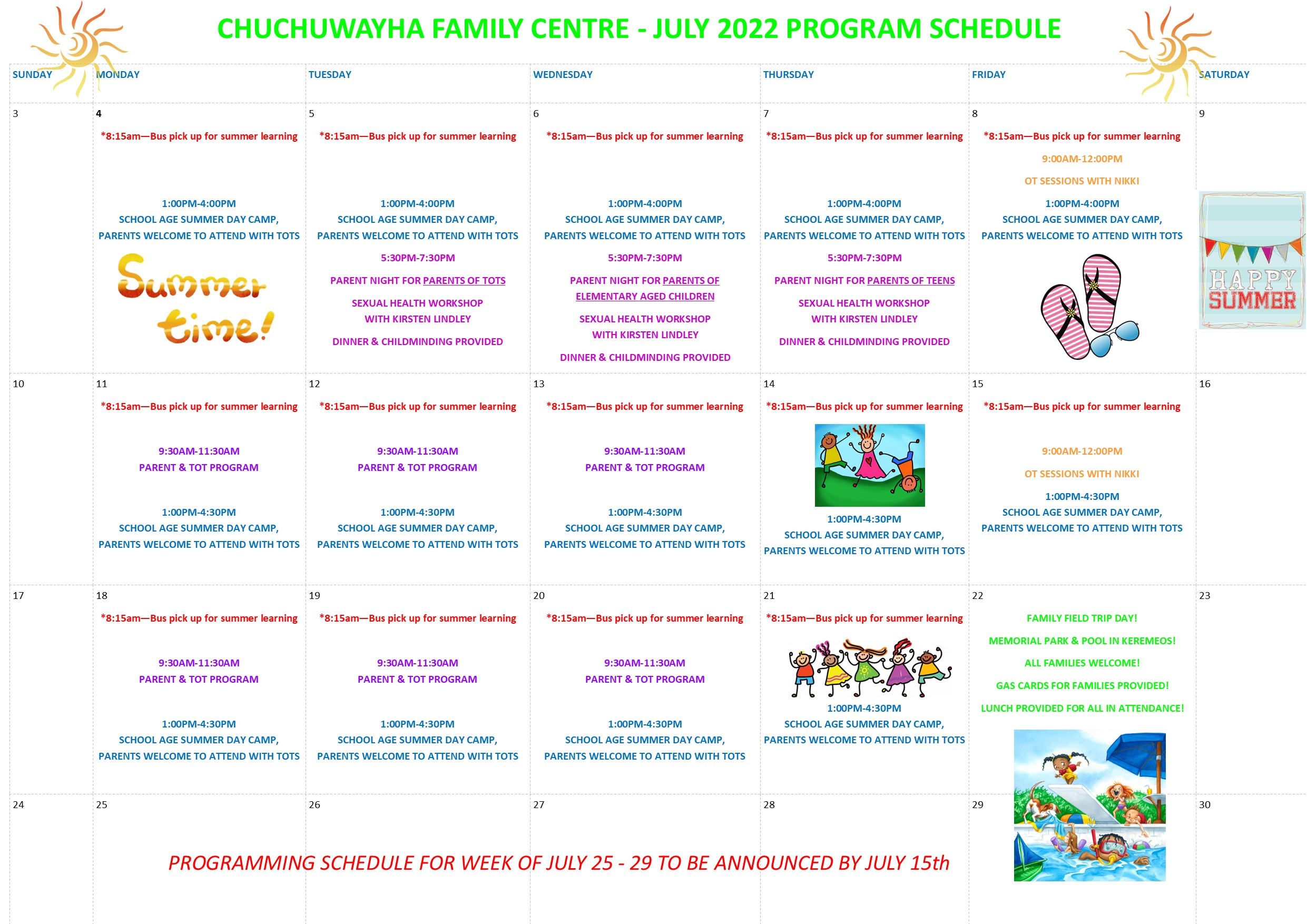 July 2022 family centre calendar