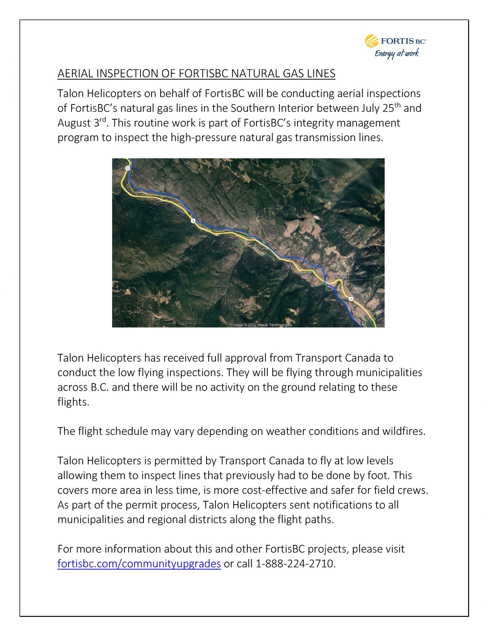 Work Notification - Aerial Survey by Talon Helicopters for FortisBC
