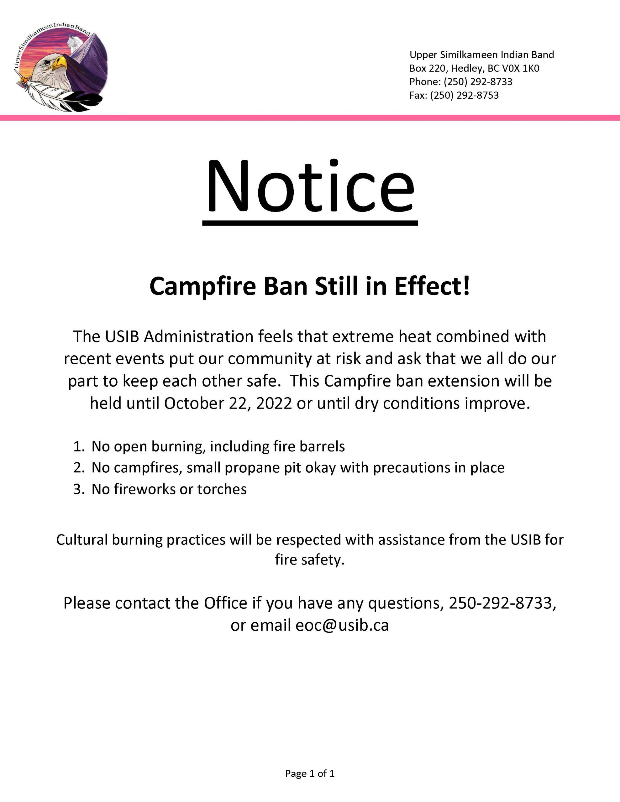 Fire Ban in Effect!! Upper Similkameen Indian Band
