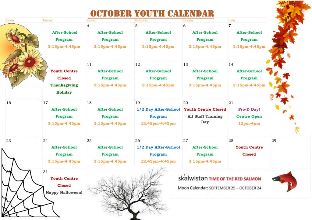 October Youth Centre Calendar – Upper Similkameen Indian Band