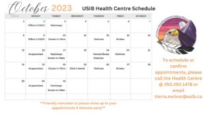 October Calendar for USIB Health Centre